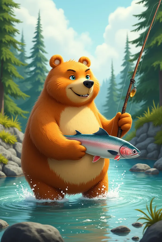 Sugar bear catches salmon in river,