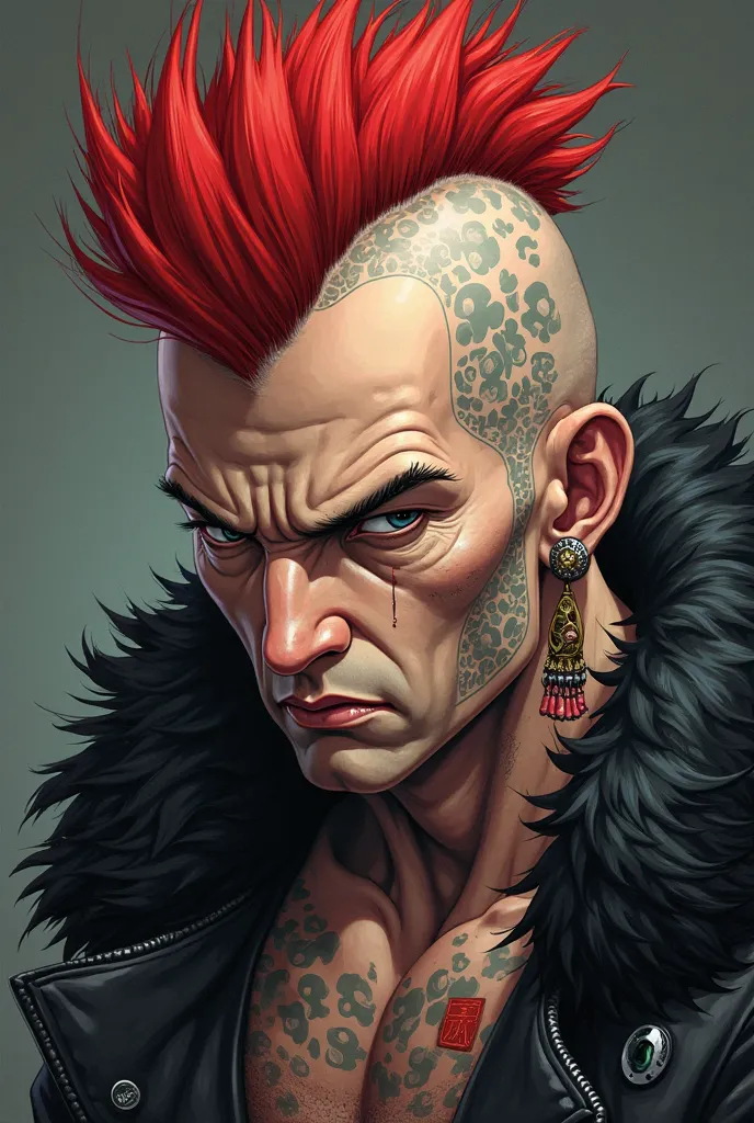 Highest quality, textured skin, Skinhead Man,Hahaha,Red Mohawk Trimming,  muscular,jacket with black leather fur on bare skin,earrings,Intimidating, blank stare, goblins, anime, ニヤリと笑う,Large machine gun