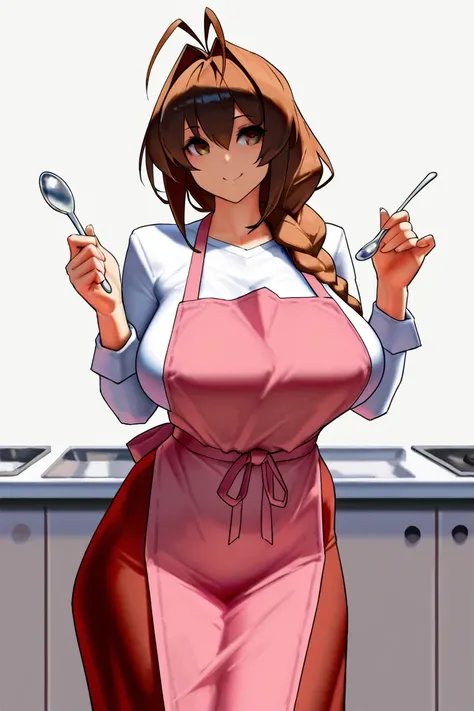 eu03, 1girl, long hair, hair intakes, antenna hair, dark brown hair, large breasts, white shirt, apron, holding spoon, long sleeves, curvy, solo, white background, cowboy shot, long skirt, brown eyes, smile, single braid, 