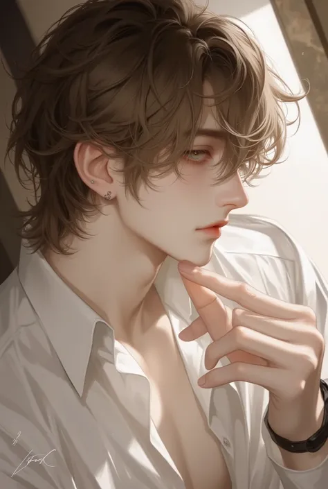 4k , 8k , manhwa , novel , Korea painting style , eyes details , sharp line , soft light , ((only 1 male brown hair and yellow eyes)) , short hair with no hairbang , medium shot , wearing very loose shirt , long eyelash , room environments , hand pose