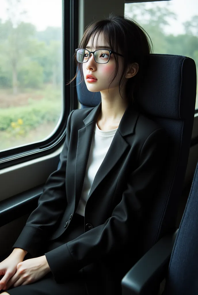 ((Highest quality)), ((傑Highest quality、masterpiece、High sensitivity、high resolution、detailed description、Delicate Face Depiction))Slender Woman、glasses、 business jacket 、 skirt、sit in your seat on the train home、Doze off、