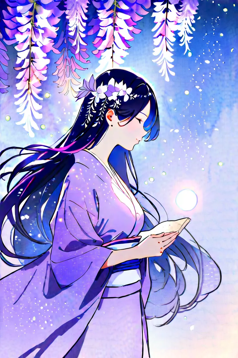 masterpiece,Highest quality,Super Detail,8k, watercolor　 upper body up　profile　 wisteria flower　purple long hair　 Big Flower Hair Ornament 　 purple eyes　is over　firefly　 kimono　dynamic angle