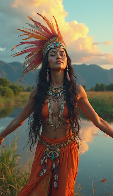 An ultra-realistic depiction of a woman with long, dark, wavy hair, adorned with a jeweled and feathered headdress. She stands with her arms open, embracing the serene environment around her. Dressed in vibrant, colorful clothing and adorned with feather n...