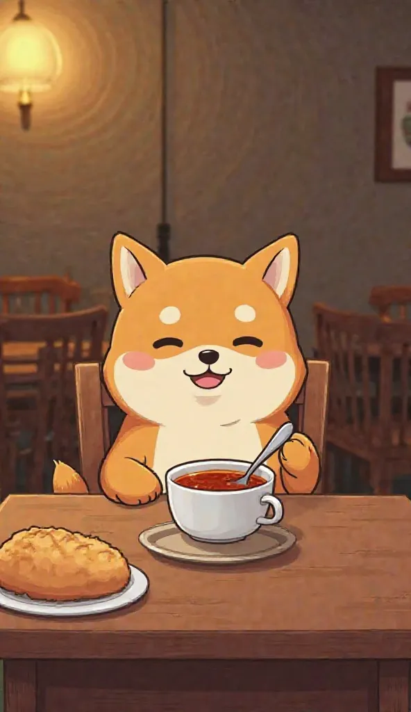 "A Shiba Inu sitting at a dining table, enjoying a delicious bowl of hot soup. The dog has a happy and satisfied expression while holding a spoon. The background features a cozy dining setting with wooden furniture, a warm light, and freshly baked bread on...