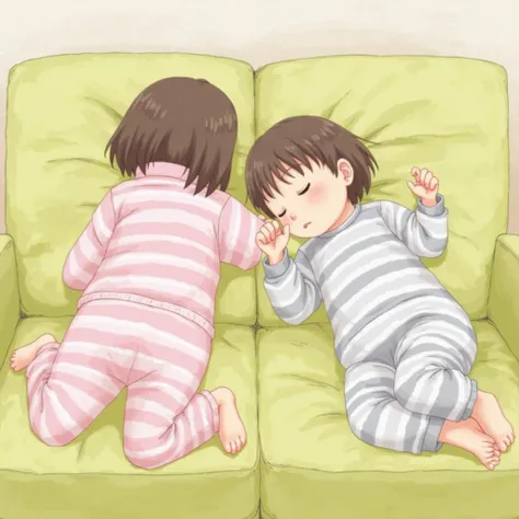 I'm Japanese with short brown hair、I'm wearing pink and white horizontal striped clothing。Mother has shorter brown hair、I'm wearing gray and white horizontal striped clothes？The two of them are lying on the yellow-green sofa, spreading their legs, and fall...