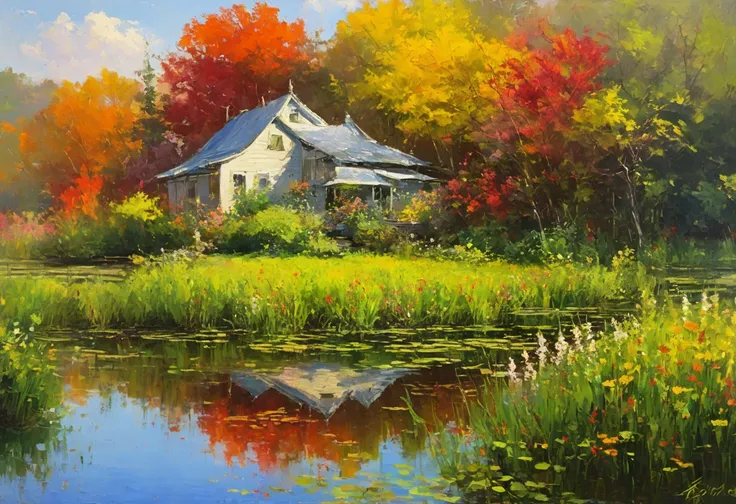 Painting of a pond with a house in the background, Inspired by Peter Fiore, カラフルなoil, 風景oil, oilの色調, Highly Reflective Oil, by Li Kesen, oilの芸術, oil,  Landscape, oil,  canvas painting ,  Landscape,  palette knife painting , Inspired by Jasper Francis Crops...