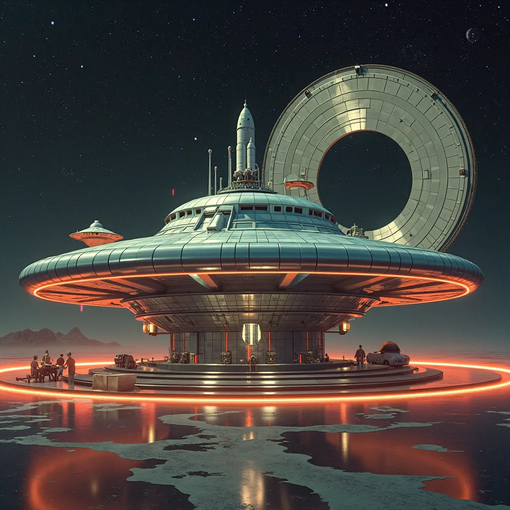 A retro-futuristic space station inspired by 1950s science fiction, featuring a ring-shaped design and large radar dishes. The metallic surface is polished to a chrome finish, reflecting the nearby stars. Bright, neon lights outline the station's structure...