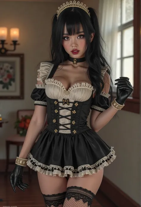 Photorealistic, high resolution, A Japanese Maid named Jade, solo, heavy makeup, Hips up, (Detailed face), Black hair, Long hair, Skirt opened to reveal Black lace Panties and thigh high stockings.  Black micro skirt,
. Fully clothed  Home setting 