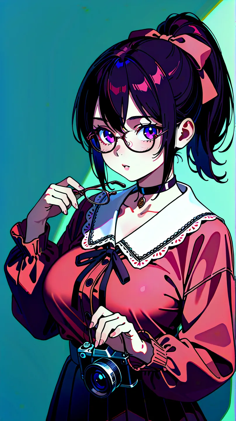 1 girl, high resolution, high quality,  masterpiece, purple eyes, Super Talented Taisho Otome:1.3,Taisho schoolgirl costume:1.3, knitting glasses, choker, high resolution, Superior quality, Craftsmanship, Intricate details, realistic, natural light, Soft S...