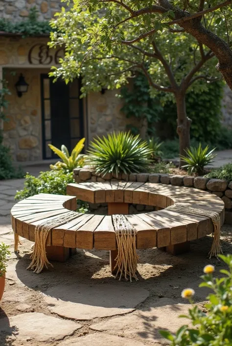  square bench, made with wood and ropes, Round,  comfortable , that offers protection against the sun, Big enough for 4 people, without cushions 