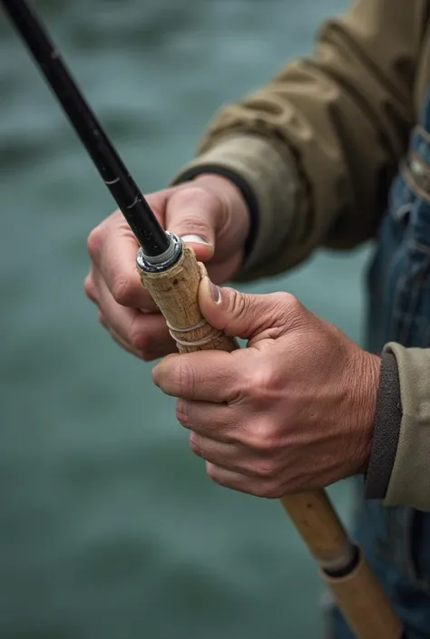 A first-person hand holding a rod  