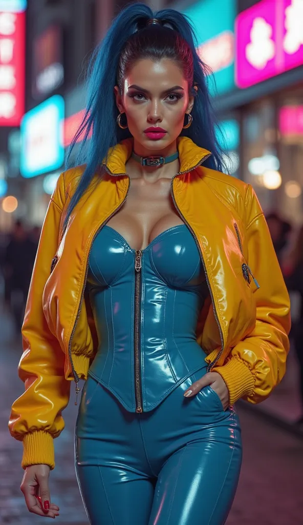 angelina jolie, latex, futuriste, cyberpunk, brillant, métallique, dominatrice, metal large corset neck, haut futuriste latex rose fluo,  jupe crayon latex taille haute latex bleu, cuissardes vinyle rose fluo, blouson latex bombers latex jaune, ongles long...