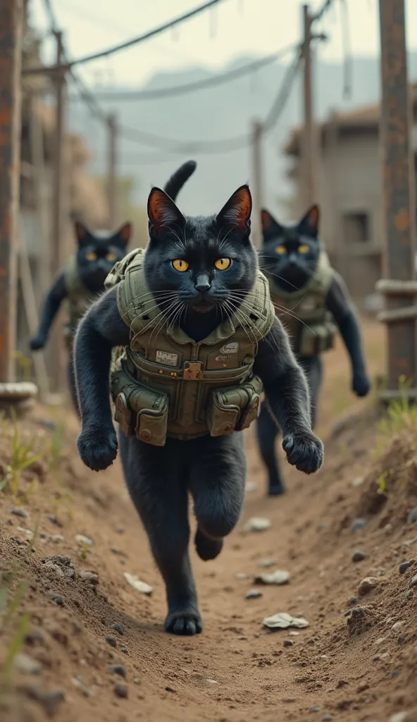 Black cat soldiers in full military gear run through an obstacle course, climbing ropes and jumping over barriers. A drill sergeant cat watches, shouting orders."