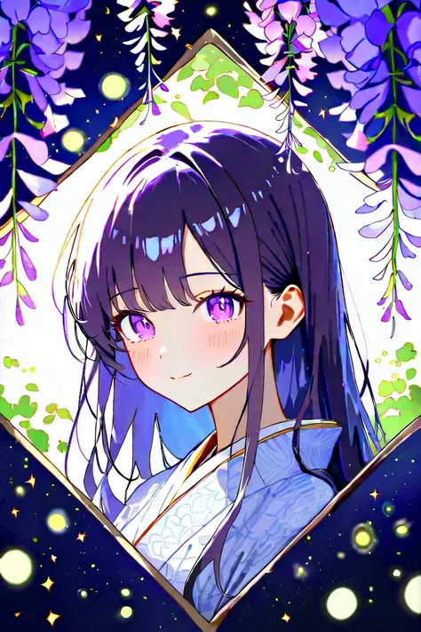 masterpiece,Highest quality,Super Detail,8k, watercolor　 upper body up　profile　 wisteria flower　purple long hair　 purple eyes　is over　firefly　 kimono