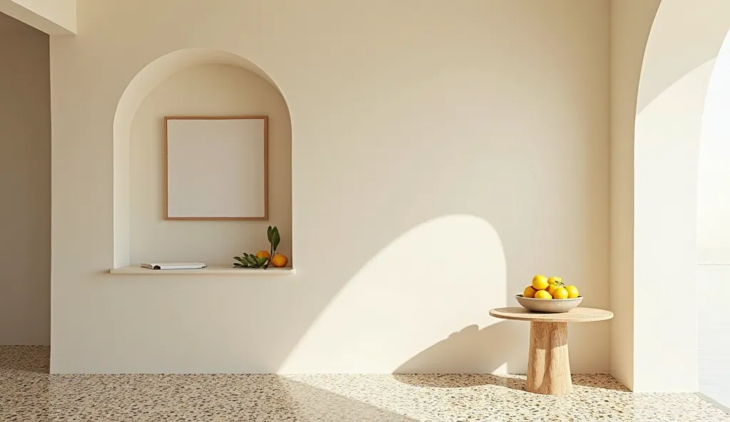 A bright and airy Italian villa interior featuring soft cream walls, intricate mosaic tile floors, and a small decorative niche carved into one wall. Inside the niche, there’s an empty frame with a white background, blending seamlessly with the surrounding...