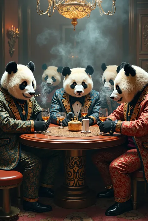 Pandas Sitting all around a table smoking in pimp suits