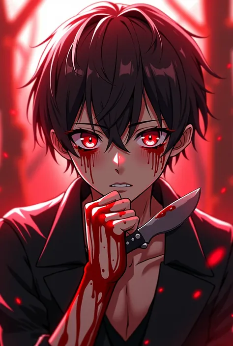 anime guy with red blood on his face and hands, blood dripping down the head, looking at bloody fist, bloody scene, ken kaneki, kaneki ken, his eyes are bleeding intense, bloody tears, gapmoe yandere, blood splatter on the sides, spraying blood, crying tea...