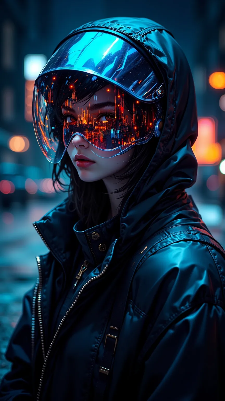 masterpiece，high quality，Super Detail， exquisite detail ， Best Quality ，high resolution，Jacket Sunshade，Reflects Night Deformed Cityscape，Sunshade Barely Known，Covers Women's Face，and creates a mysterious presence on the surface of the visor，Medium lens fo...