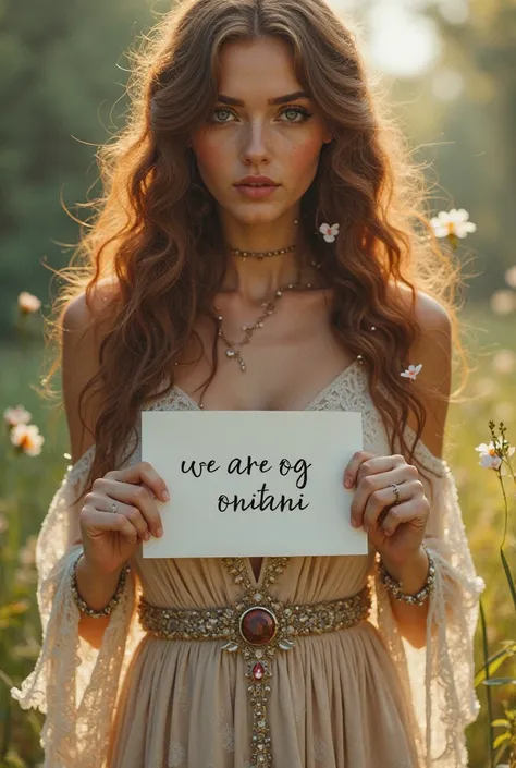  a beautiful girl with long wavy curls ，Big breasts， wearing a bohemian dress ，Holding a white sheet of paper with"Yaps written on it 
We are OG Onitani "，and show the audience