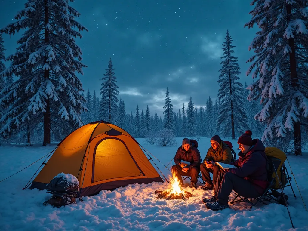 "A group of hikers setting up their tents in a snowy wilderness, surrounded by tall, frost-covered trees. A small fire flickers as they sit around it, laughing and writing in journals. The cold night sky is filled with stars, but the atmosphere hints at an...