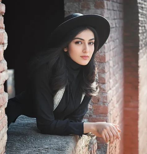 arafed woman in a black hat leaning on a brick wall, beautiful iranian woman, wearing black old dress and hat, wearing black dress and hat, with hat, pale-skinned persian girl, beautiful young himalayan woman, photo of a beautiful woman, infp young woman, ...