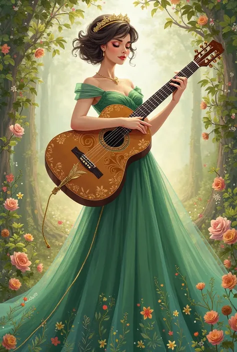 Beautiful girl with short hair dressed as a princess with a long green dress that plays the guitar. Coloring book