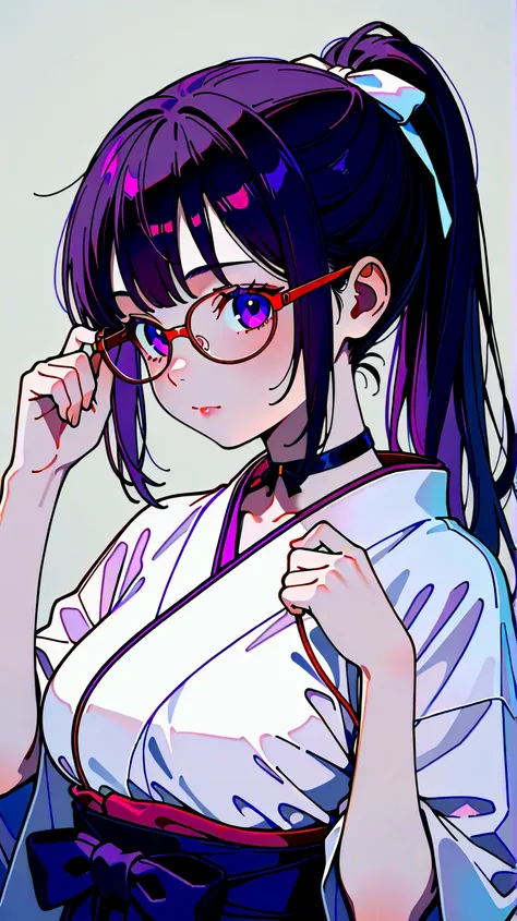 1 girl, high resolution, high quality,  masterpiece, purple eyes, A super talented Meiji era maiden who wandered into the present day:1.3,Meiji Female Student Outfit:1.3, knitting glasses, choker, high resolution, Superior quality, Craftsmanship, Intricate...