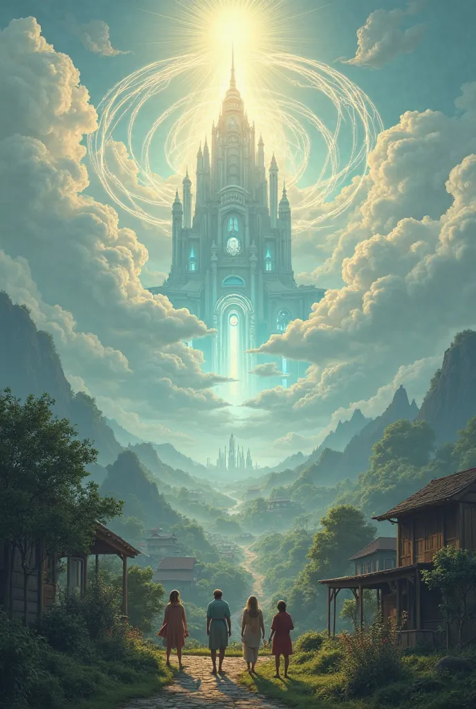 Create the image of a city a small village in the morning and just above fruiting in the sky amidst the fog an immense city filled with white and blue light paradise appearing above the city with towers huge gate in the holy and heavenly city appearing in ...