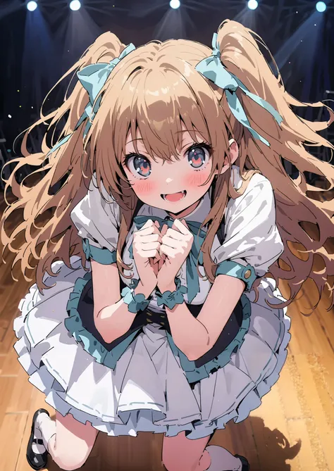  score_9,  score_8_up,  score_7_up,  source_anime,Taigaisaka, Aisaka Taiga,  long hair, Alone,brown hair, brown eyes,blush,smile,opens her mouth,hair Ribbon,アイドル歌手がライブ  stageで熱狂的に歌うシーンのイラスト,アイドル歌手が  stage中央にstanding, idol singers sing with microphones , id...