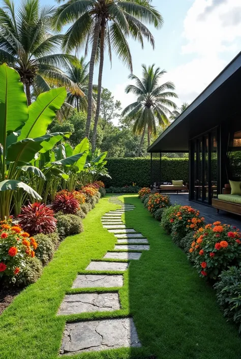 The image presents a lush tropical garden next to a modern house with dark roof and large windows. The well-kept green lawn is the central point, cut by a sinuous path of gray and black stones, which meanders through space, creating a harmonious and inviti...