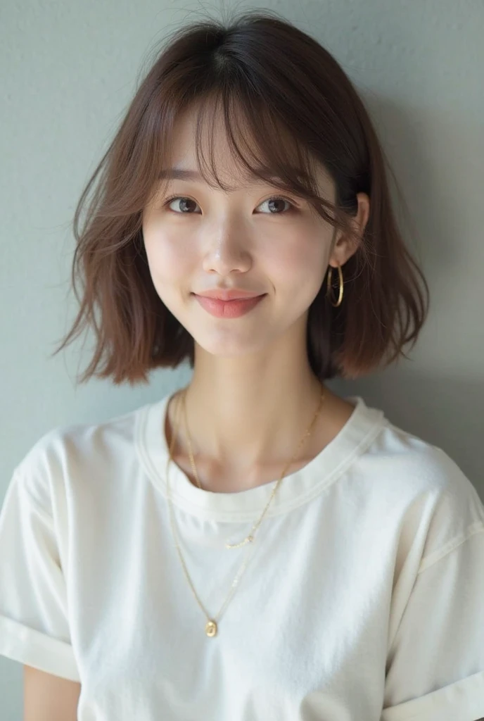 high resolution、 A transparent Japanese woman 、looking at the camera、、smile、 moist and shiny hair 、 thin hair、cute、brown hair、 Beautiful young woman who looks like a model 、 lean against the wall、big eyes、Inverted triangle outline、The face is tilted４５every...