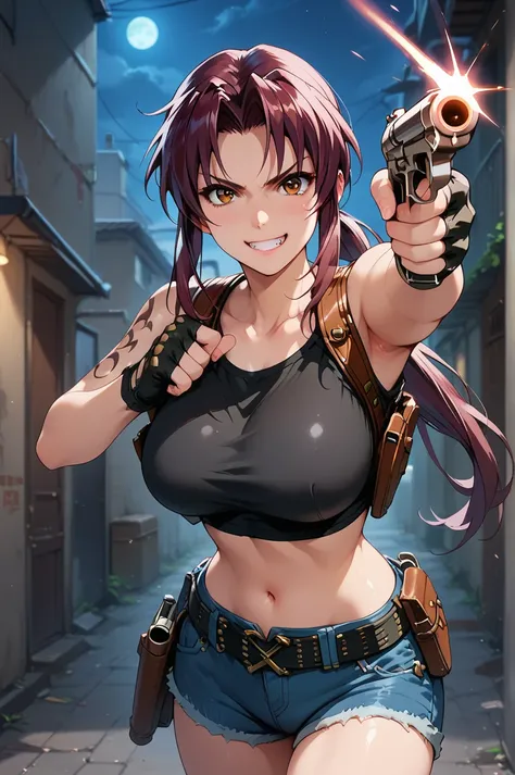 score_9, score_8_up,  score_7_up,  SCORE_ANIME, BREAK,
1girl, solo, ceiiai rrevyy, ponytail, brown eyes, shoulder tattoo, crop top, short shorts, denim shorts, belt, midriff, fingerless gloves, shoulder holster:1.5, low ponytail, black top, round neck, 
ho...