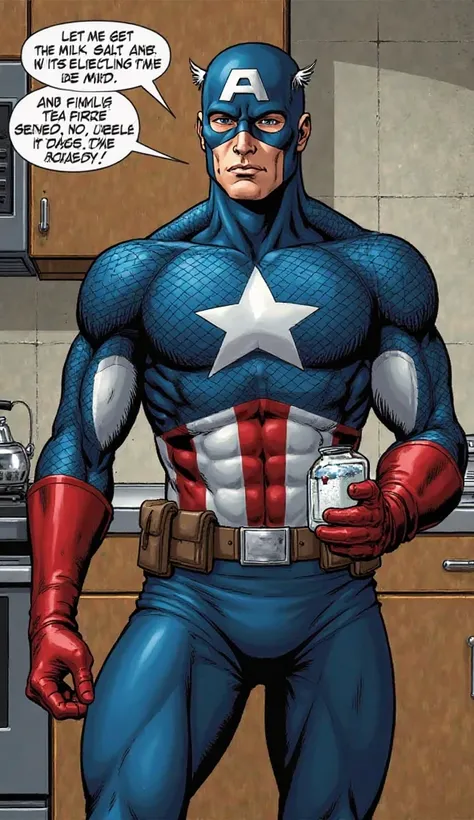 Captain America, in his blue suit with a star on his chest, stands in a kitchen. He is holding milk, salt, and tea leaves while looking determined. A stove is visible with a teapot on it. He says, "Let me get the milk, salt, and tea leaves first. Now, the ...