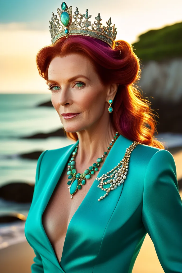 A beautiful modern-day countess with red hair,purple suit style dress with turquoise green,sea style jewelry,clear green eyes,with silver crown with shells,Beautiful 48 years old