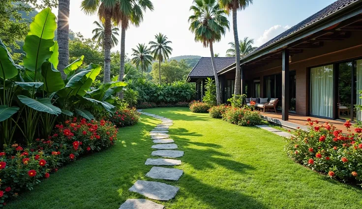 The image presents a lush tropical garden next to a modern house with dark roof and large windows. The well-kept green lawn is the central point, cut by a sinuous path of gray and black stones, which meanders through space, creating a harmonious and inviti...