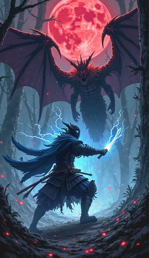 In a dark mystical forest under a blood-red moon, a fierce battle erupts between a warrior with glowing blue eyes and a shadowy demon. The warrior, clad in futuristic samurai armor, wields a katana crackling with lightning energy. The demon, with massive w...