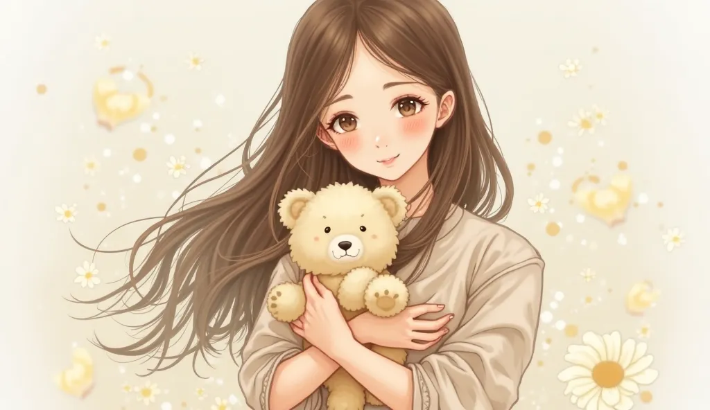 Long brown hair、Wu Sumi's woman、cute、stuffed bear、 illustrations、