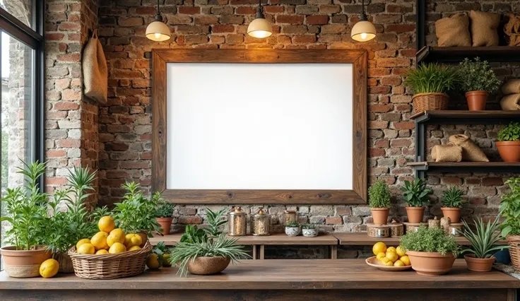 A market-inspired interior with wooden crates, burlap sacks, and mosaic-tiled counters. On one wall, a single rectangular frame with a white background blends into the rustic decor, appearing as if it’s been there for years. Bunches of fresh herbs and lemo...