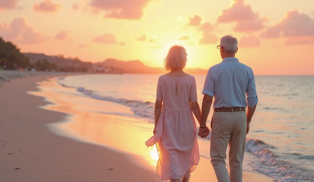 An elderly couple walking hand in hand along a serene beach at sunrise. The man is wearing a light blue shirt and beige pants, while the woman is dressed in a light pink dress, her gray hair gently blowing in the wind. The sky is painted in soft hues of or...