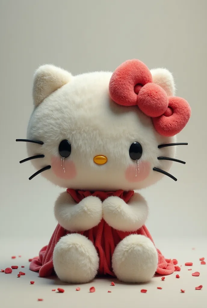 Hello kitty in plush with a sad face and crying a lot