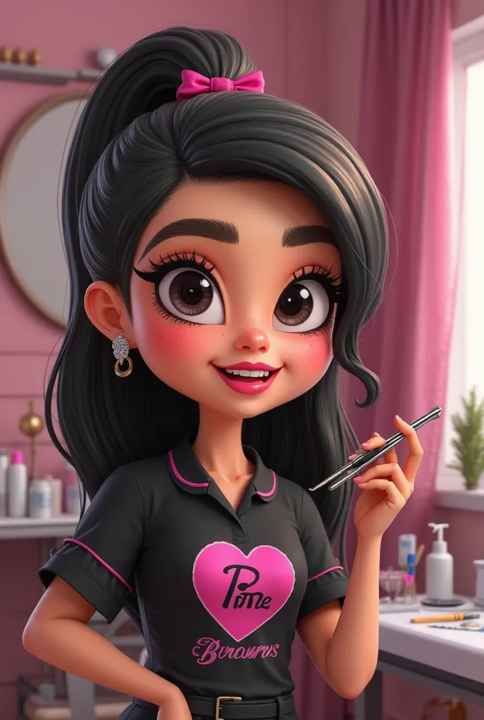 Lashista chubby animated with Vernier and eyebrow tweezer in her hand in beauty salon uniform black with pink big logo is Perla Brows studio visible work materials such as henna brushes , tweezers , eyelash brush , gauge , eyelash foam 