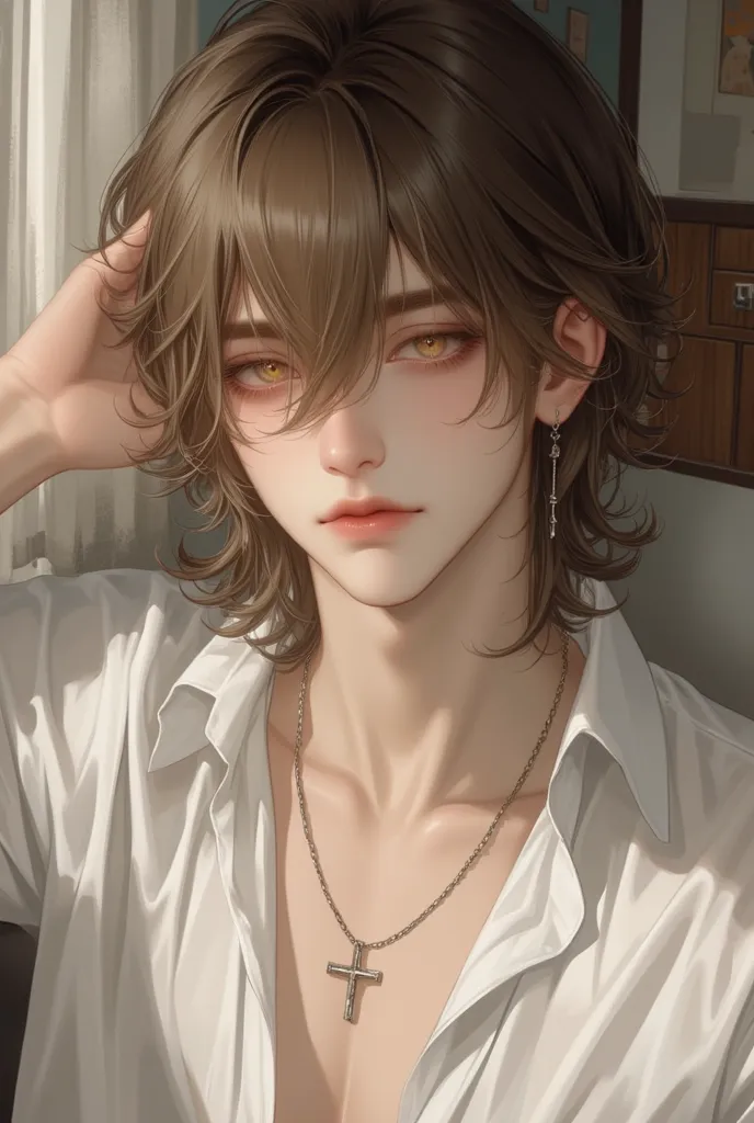 4k , 8k , manhwa , novel , Korea painting style , eyes details , sharp line , soft light , ((only 1 male brown hair and yellow eyes)) , short hair with , ((no hair bang)) , medium shot , wearing very loose shirt , long eyelash , room environments , hand po...