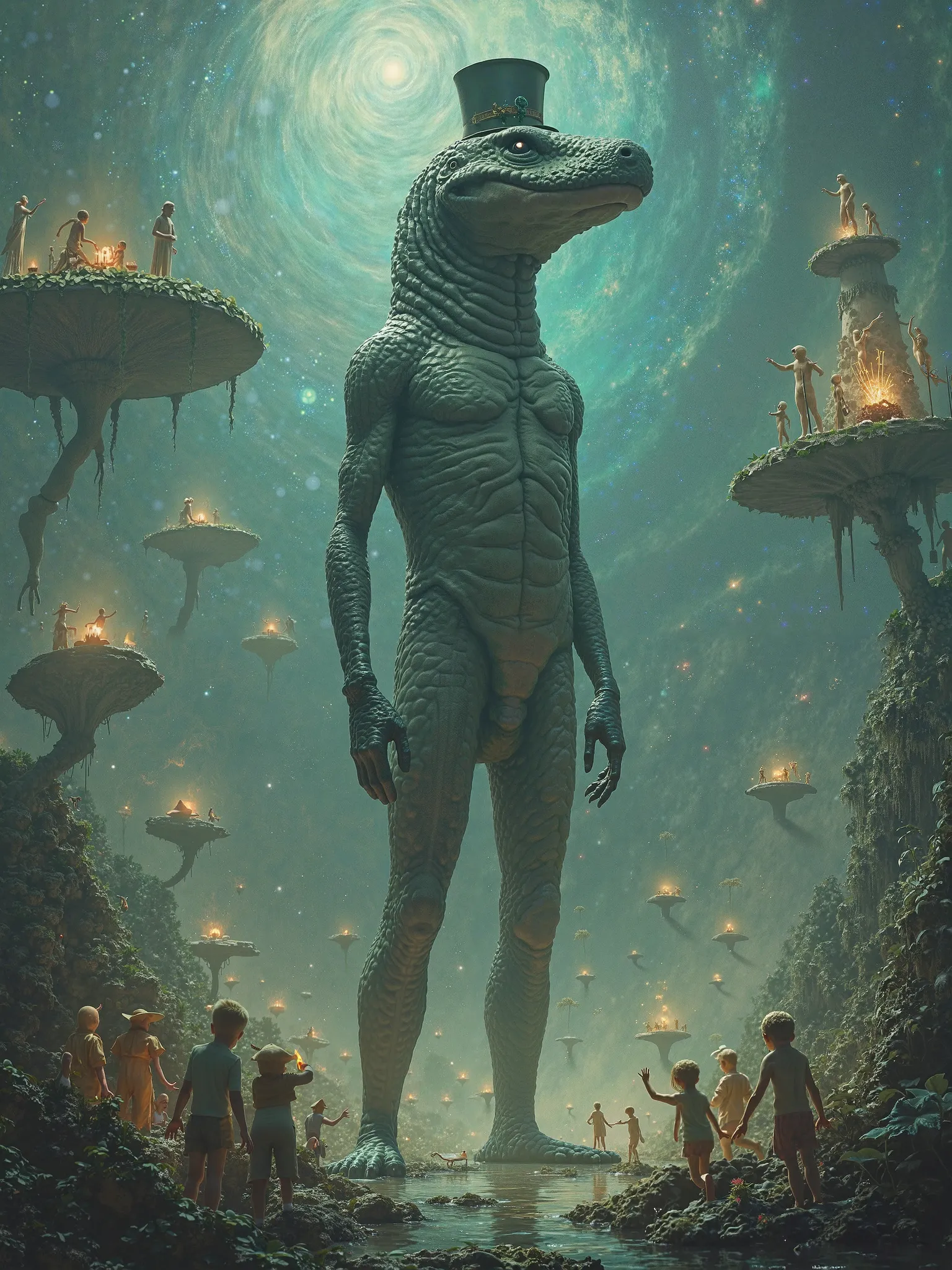 A Surreal Image Analysis featuring a towering, otherworldly creature with the head of a Common Water Monitor  and a humanoid body. The creature wears a small, mystical top hat and stands in a dreamlike landscape. Around it, numerous tiny humanoid beings, g...