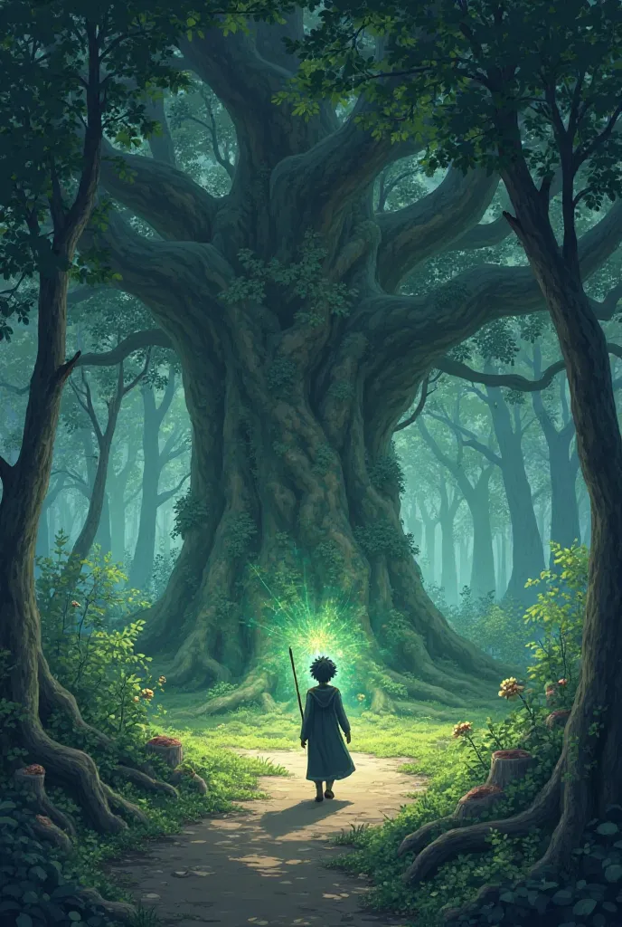 Create an anime story where the boy dreams of being a wizard and he enters a forest after a very powerful wizard and he finds a tree, a very large root, and at that root there was a magic wand, so he began to train, train, train a lot and the ren started a...