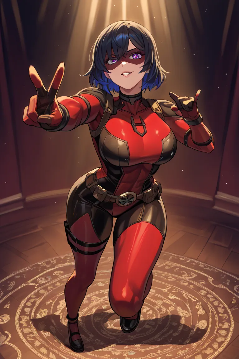 Uniform 1 Big Breasted Girl,  short hair, dark blue hair, multicolored hair, uniforme Deadpool, Deadpool style 