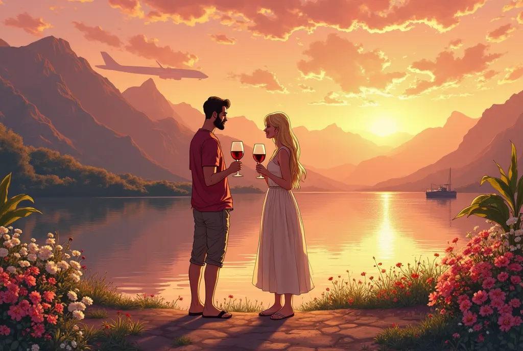 They are two couples who are going on a trip, He is a Moroccan and she is a blonde, Try an adventure for Argentina, drinking a glass of wine standing. That it has landscapes of Mendoza with mountains, With a lake and boats and flowers. And may the sunset b...