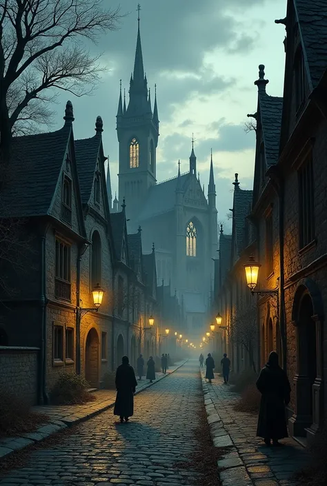 A detailed Gothic town, with a horizon line in the center of the image and a vanishing point at 1/3 of the right margin. tall and thin buildings with pointed ceilings, narrow windows and ogival arches, decorated with gargoyles and ornamental details. Cobbl...