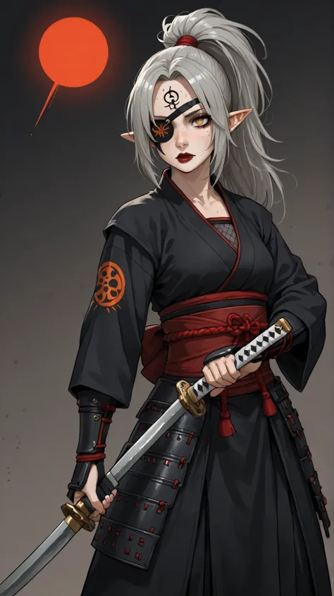 1girl, long hair, gray hair, ponytail, eye patch, kunoichi, samurai, beautiful, pointy ears, holding a katana, amber eyes, tired face, sun, D&D, warlock, freckles, dark red lips, scar on eye, black tint on eye, white katana, nodachi, gothic, witchcraft, fr...