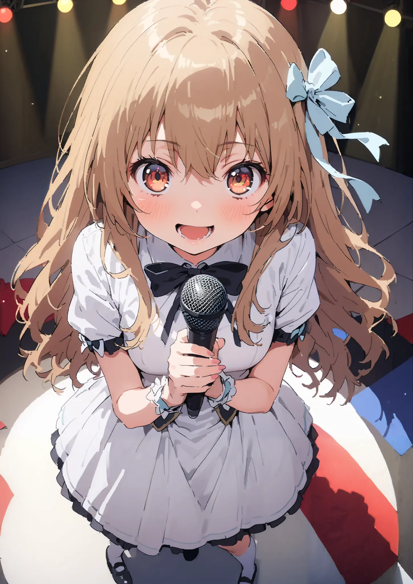 Taigaisaka, Aisaka Taiga,  long hair, Alone,brown hair, brown eyes,blush,smile,opens her mouth,hair Ribbon,アイドル歌手がライブ  stageで熱狂的に歌うシーンのイラスト,アイドル歌手が  stage中央にstanding, idol singers sing with microphones , idol singers are serious and impressive ,The singer&...