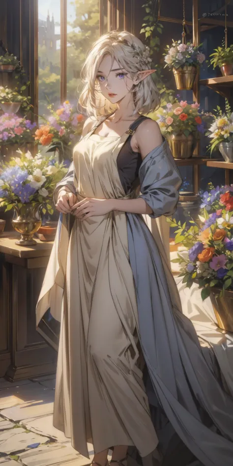 1women, solo, [adult, milf], dynamic pose, graceful shoulders, graceful body, medium breasts, without bangs, long white hair, blue eyes, gentle smile, medieval dress, apron, elf, stands at a flower shop, surrounded by flowers, (masterpiece, best quality, h...